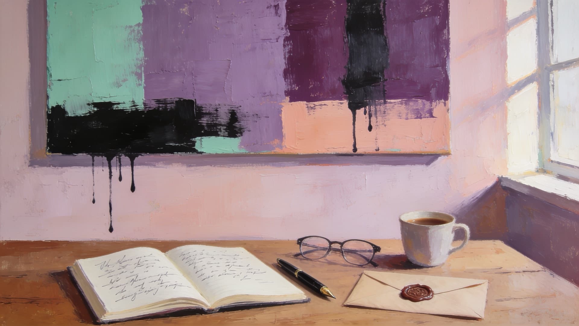 Pintura de uma mesa com caderno, caneta, óculos, café e um envelope lacrado