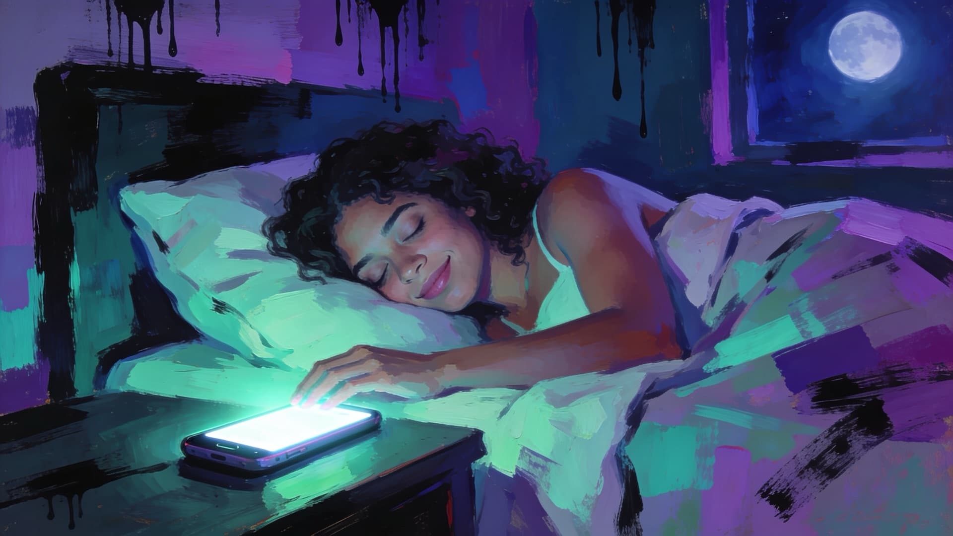 Pintura de uma mulher dormindo enquanto o celular acende na mesa de cabeceira