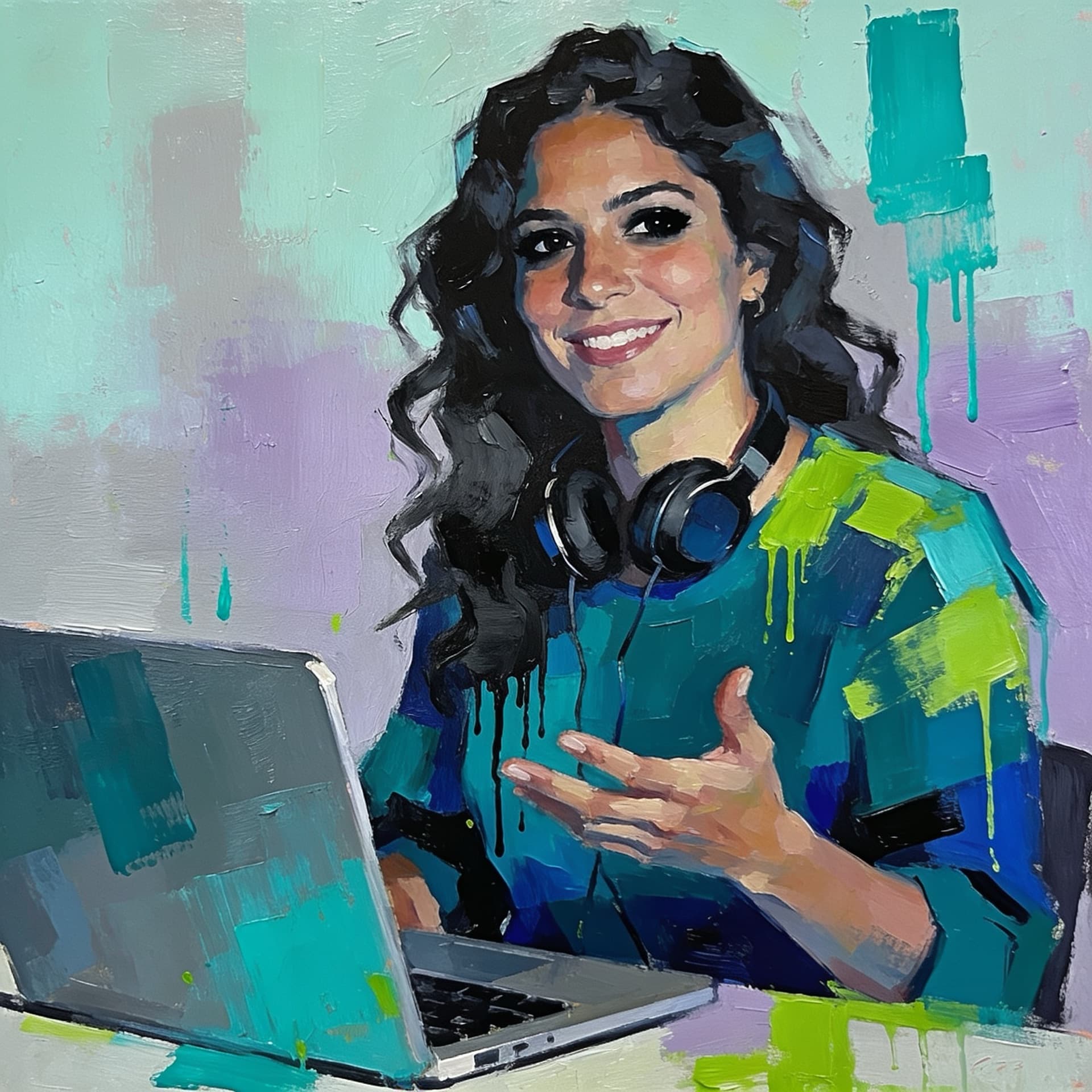 Pintura de uma engenheira de software explicando algo diante do laptop