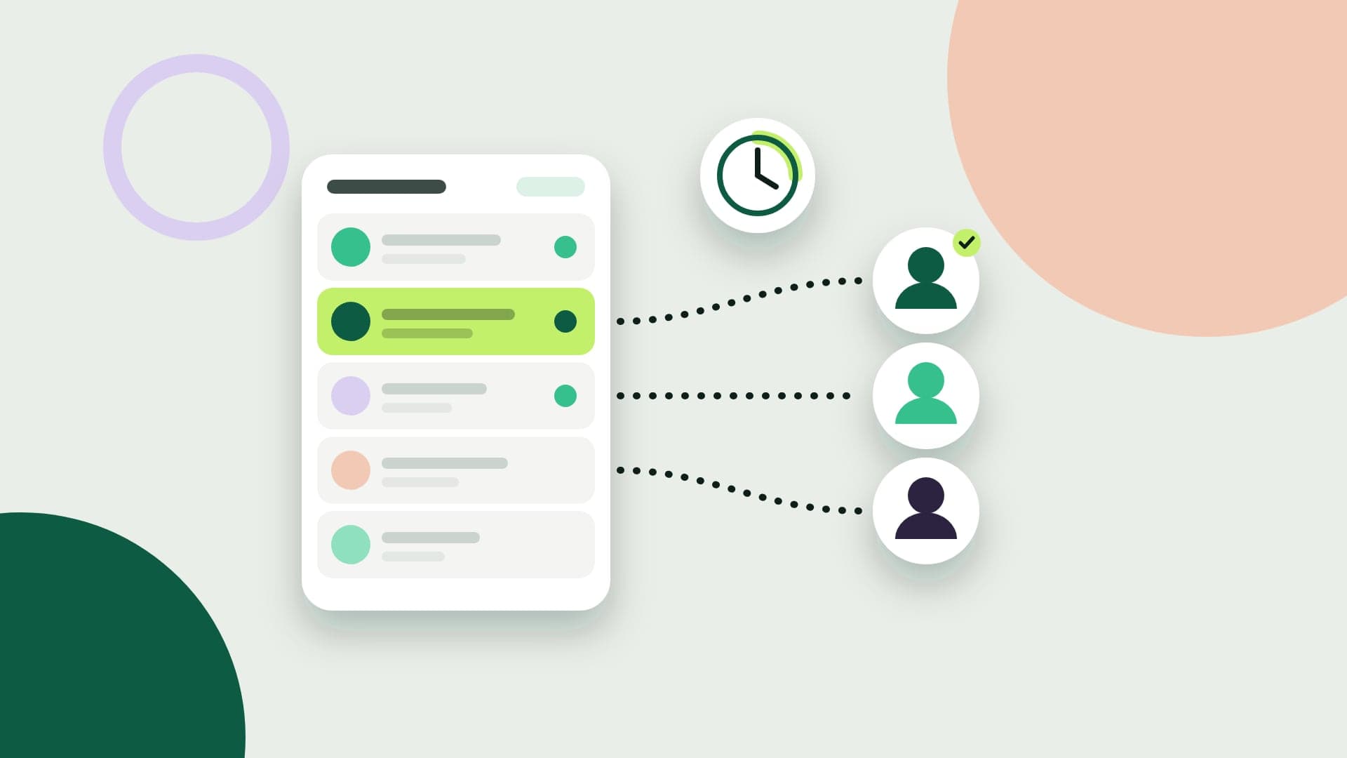 Ilustração de uma fila de conversas de WhatsApp distribuída entre três atendentes, com um relógio marcando o prazo de primeira resposta