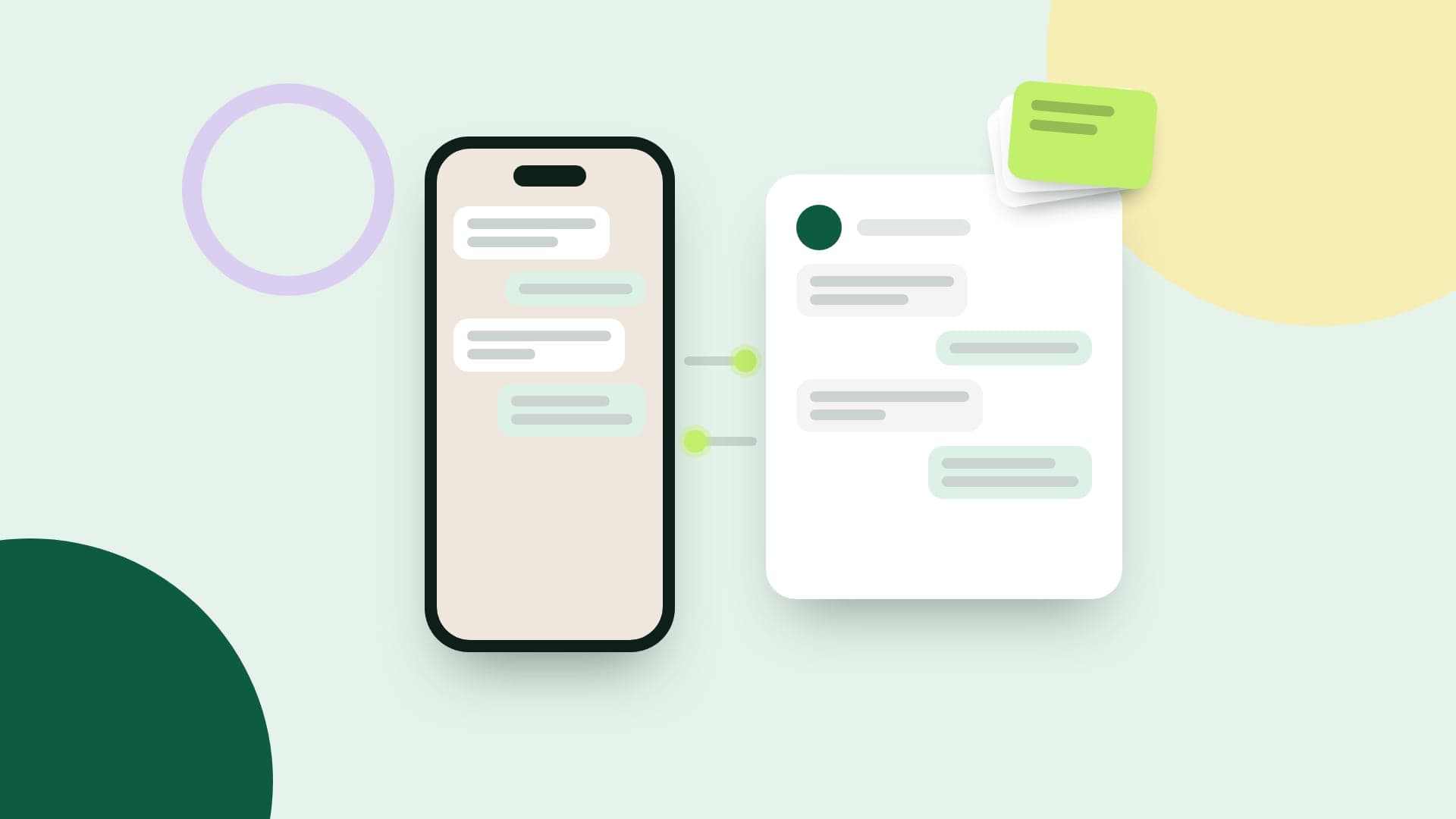Ilustração de um celular e de um inbox mostrando a mesma conversa, ligados por uma sincronização nos dois sentidos