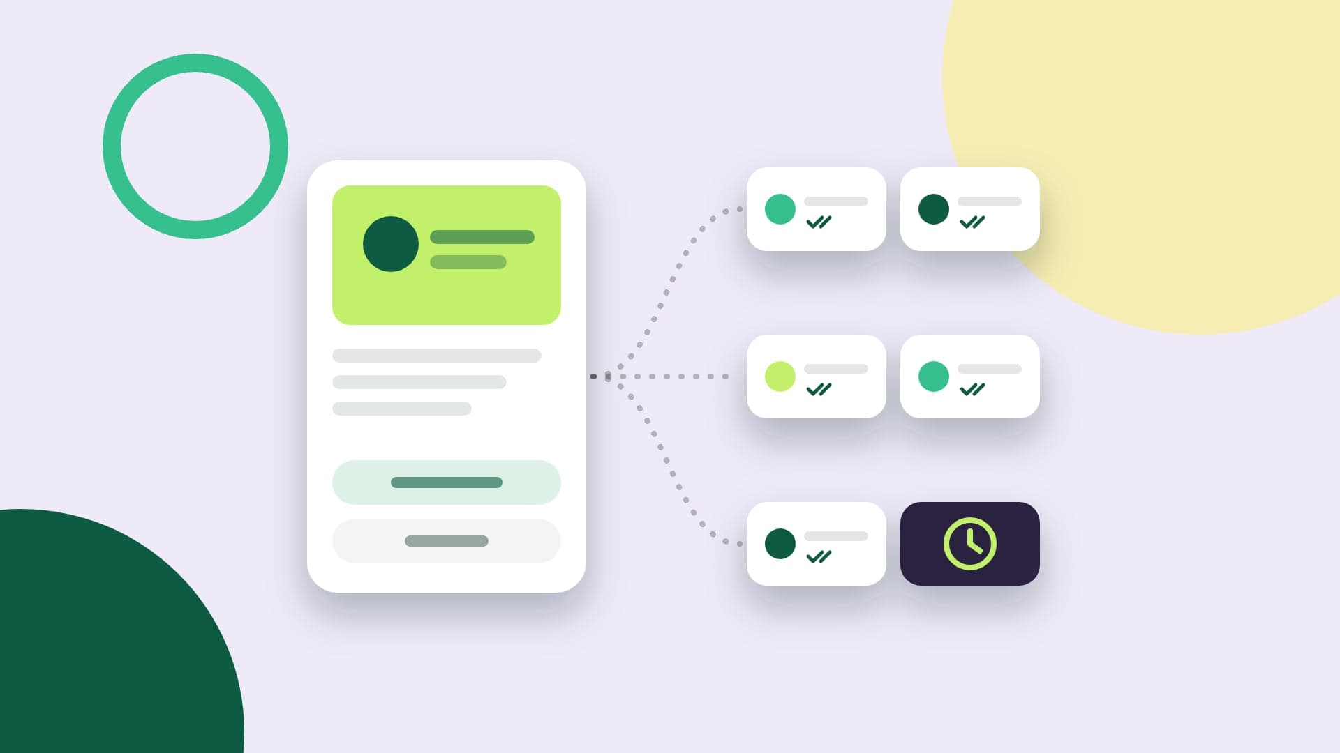 Ilustração de um template de WhatsApp com imagem e botões saindo para seis conversas, cinco entregues e uma segurada por um relógio