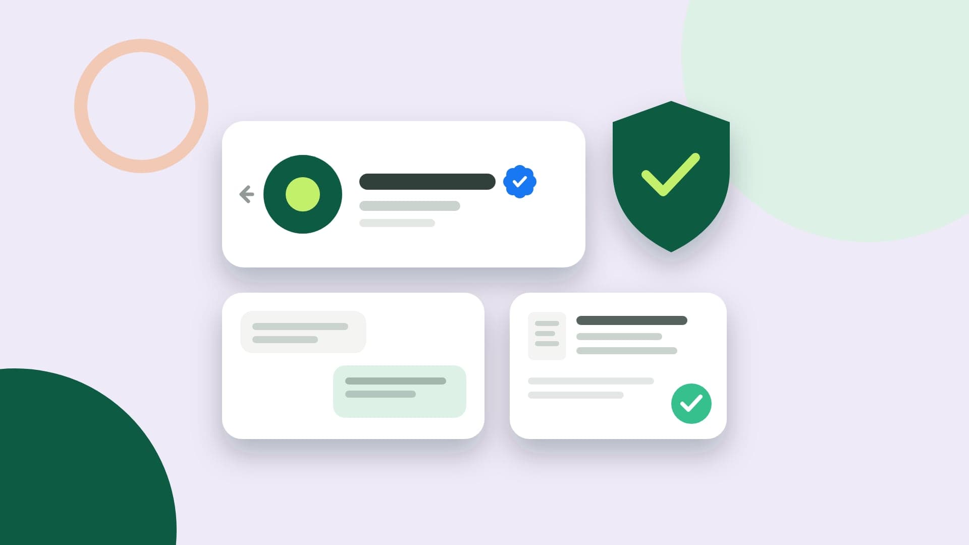 Ilustração do cabeçalho de uma conversa com o nome da empresa e o selo azul de verificado, um escudo com visto e uma ficha de documentos aprovada