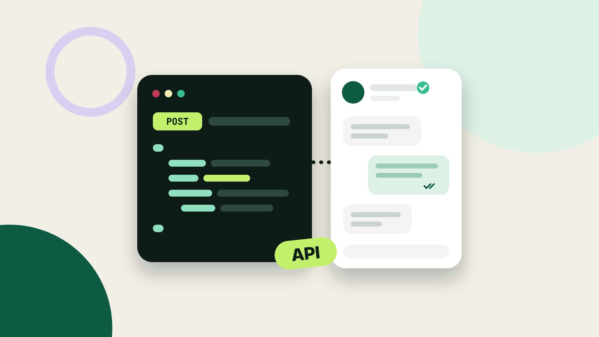 Ilustração de um painel de código com uma chamada POST ligada a uma conversa de WhatsApp com o selo de conta verificada e uma etiqueta API