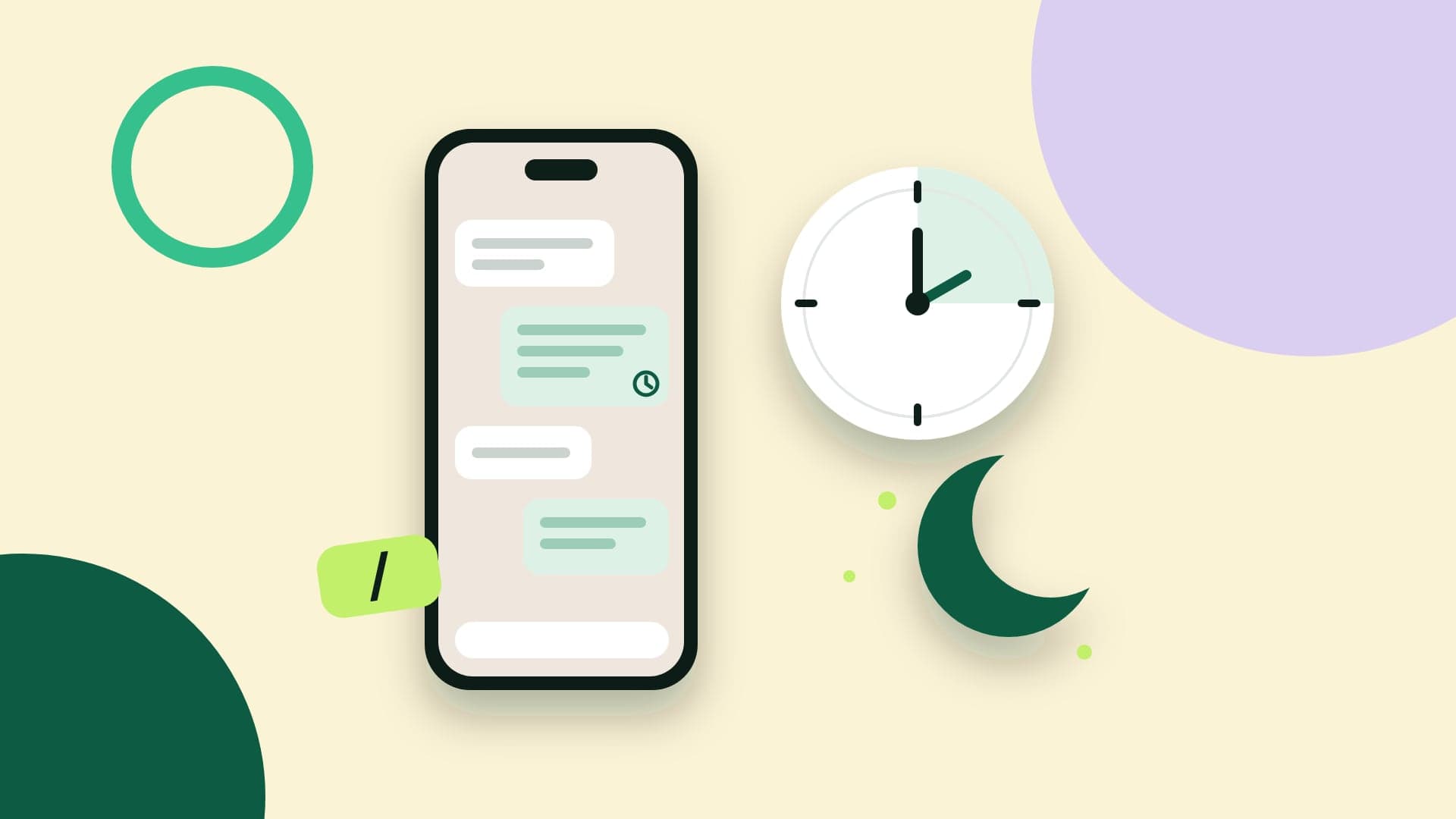 Ilustração de um celular com uma resposta automática marcada por um relógio, um relógio de horário comercial, uma lua e a barra das respostas rápidas