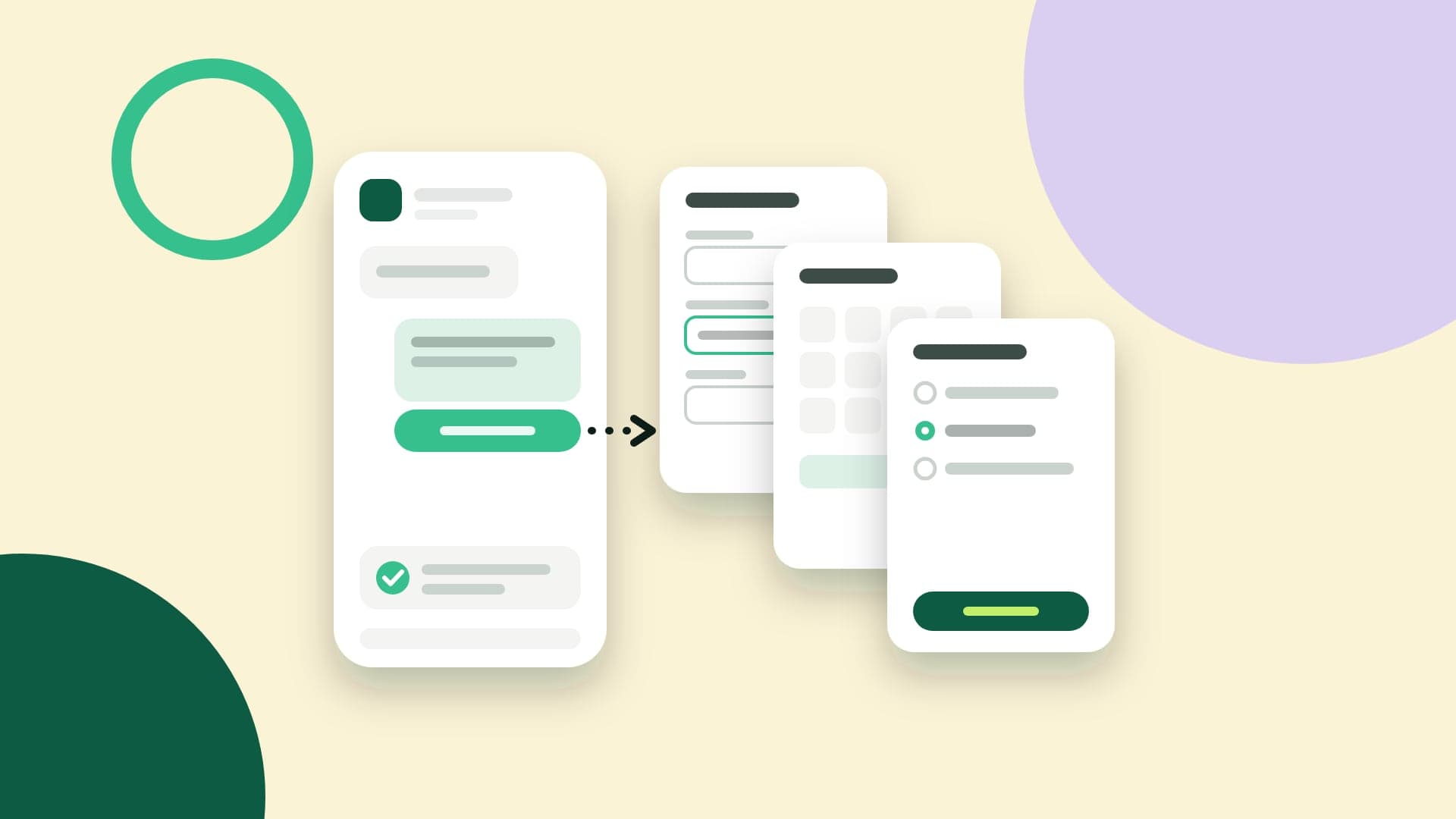 Ilustração de um celular com uma conversa de WhatsApp de onde abre um formulário de três telas: campos, escolha de data e lista com botão de concluir